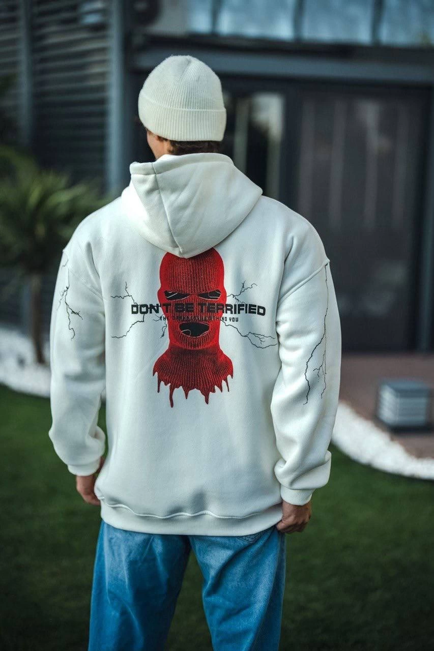 ASSEMA Erkek Üç İplik Kapüşonlu Baskılı Oversize SweatShirt- Beyaz