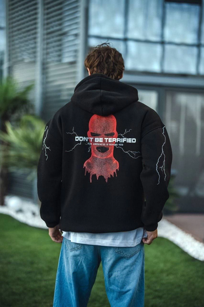ASSEMA Erkek Üç İplik Kapüşonlu Baskılı Oversize SweatShirt- Siyah