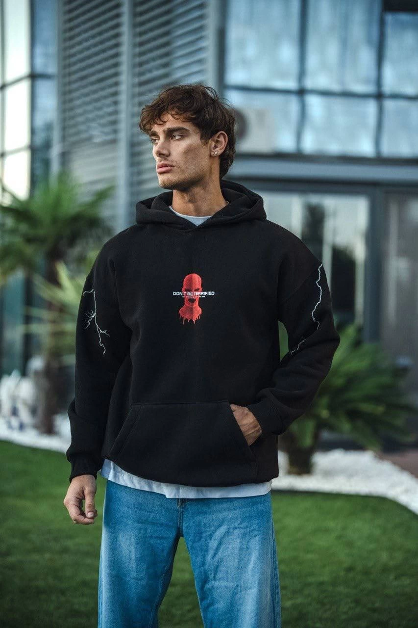 ASSEMA Erkek Üç İplik Kapüşonlu Baskılı Oversize SweatShirt- Siyah