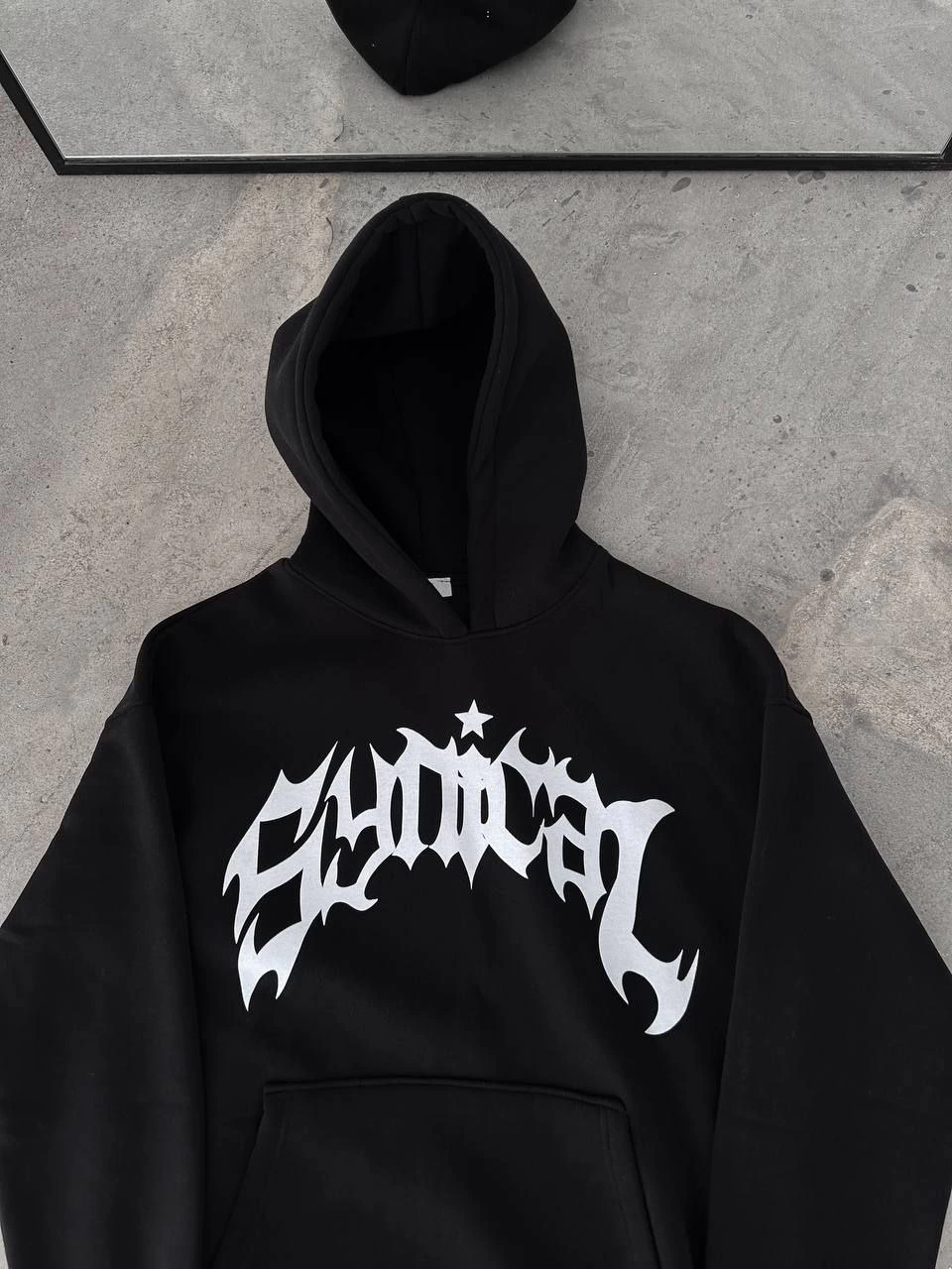 ASSEMA Kadın Üç İplik Kapüşonlu Baskılı Oversize SweatShirt- Siyah