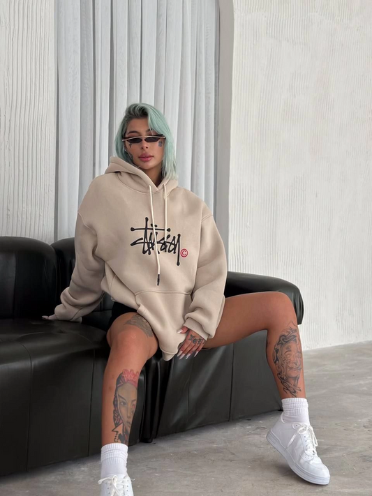 ASSEMA Üç İplik Kapşonlu Baskılı SweatShirt - Bej