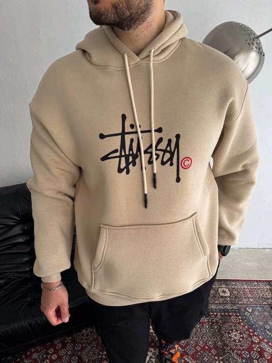ASSEMA Üç İplik Kapşonlu Baskılı SweatShirt - Bej