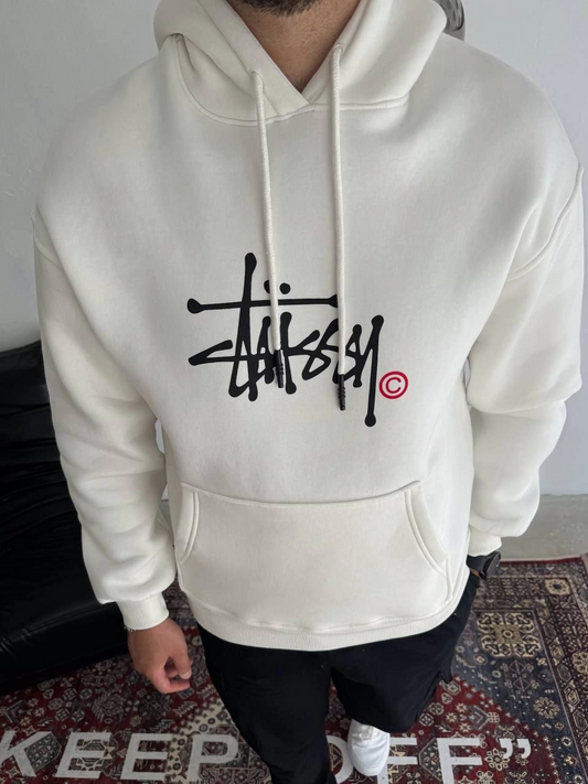 ASSEMA Üç İplik Kapşonlu Baskılı SweatShirt - Beyaz