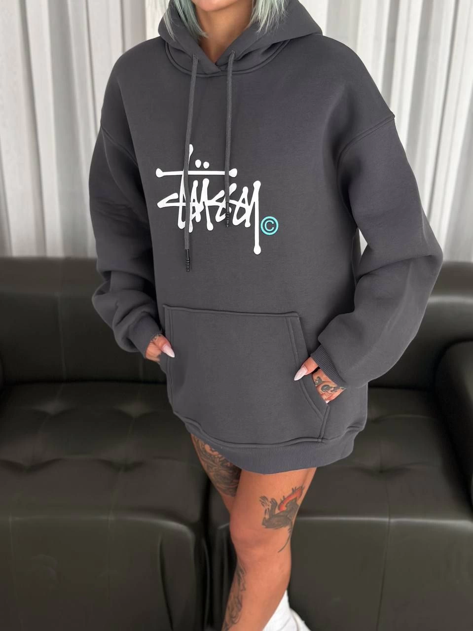 ASSEMA Üç İplik Kapşonlu Baskılı SweatShirt - Füme