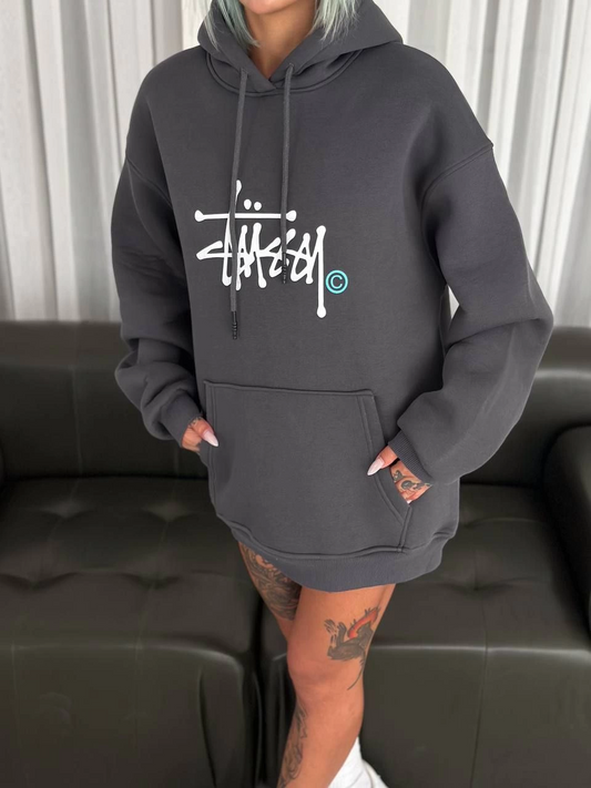 ASSEMA Üç İplik Kapşonlu Baskılı SweatShirt - Füme