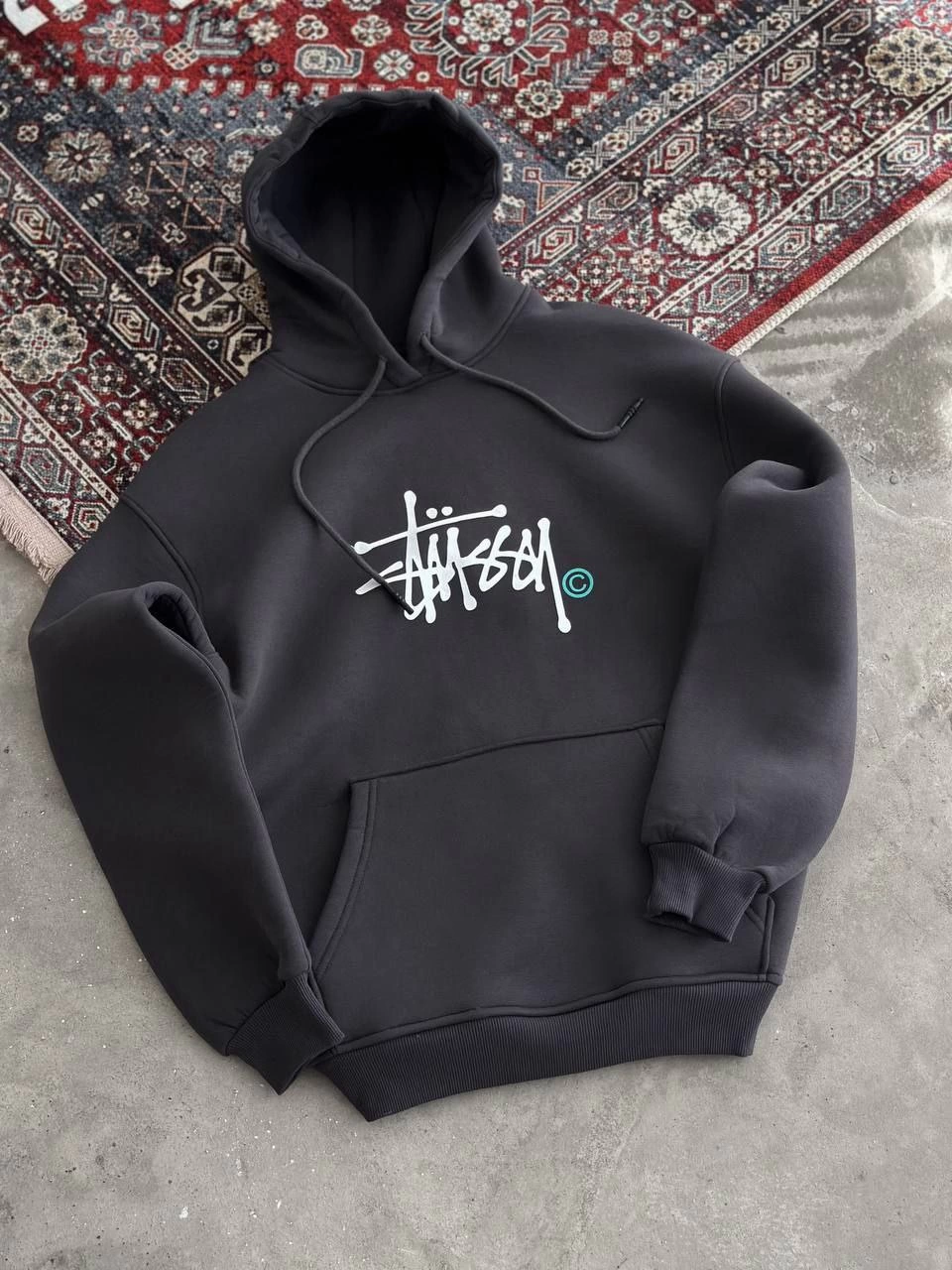 ASSEMA Üç İplik Kapşonlu Baskılı SweatShirt - Füme