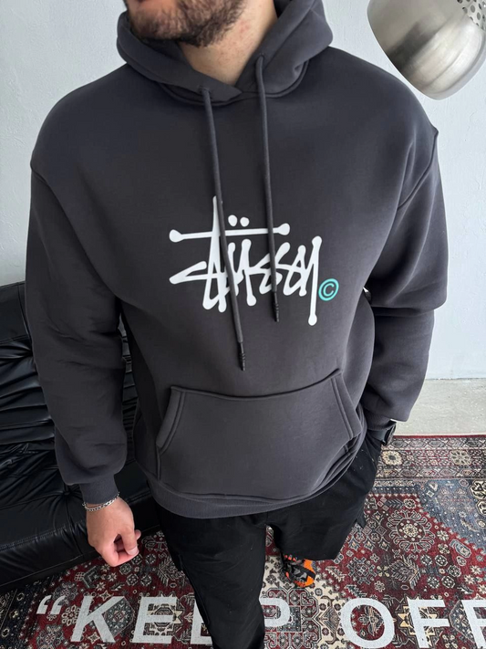 ASSEMA Üç İplik Kapşonlu Baskılı SweatShirt - Füme
