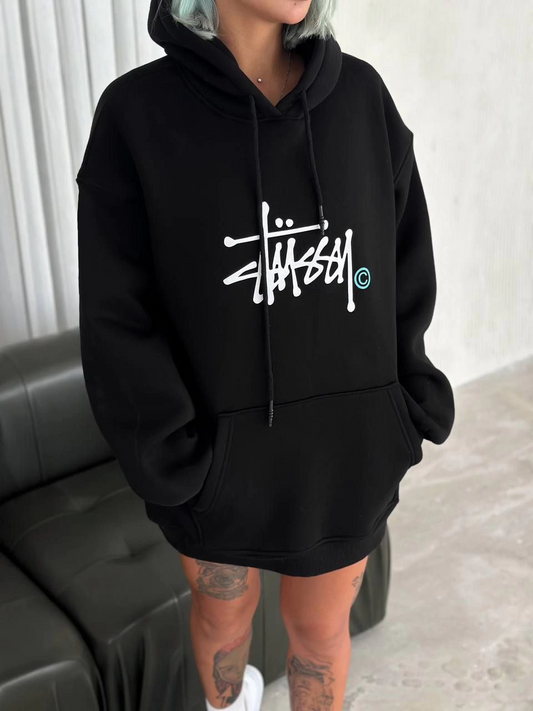 ASSEMA Üç İplik Kapşonlu Baskılı SweatShirt - Siyah