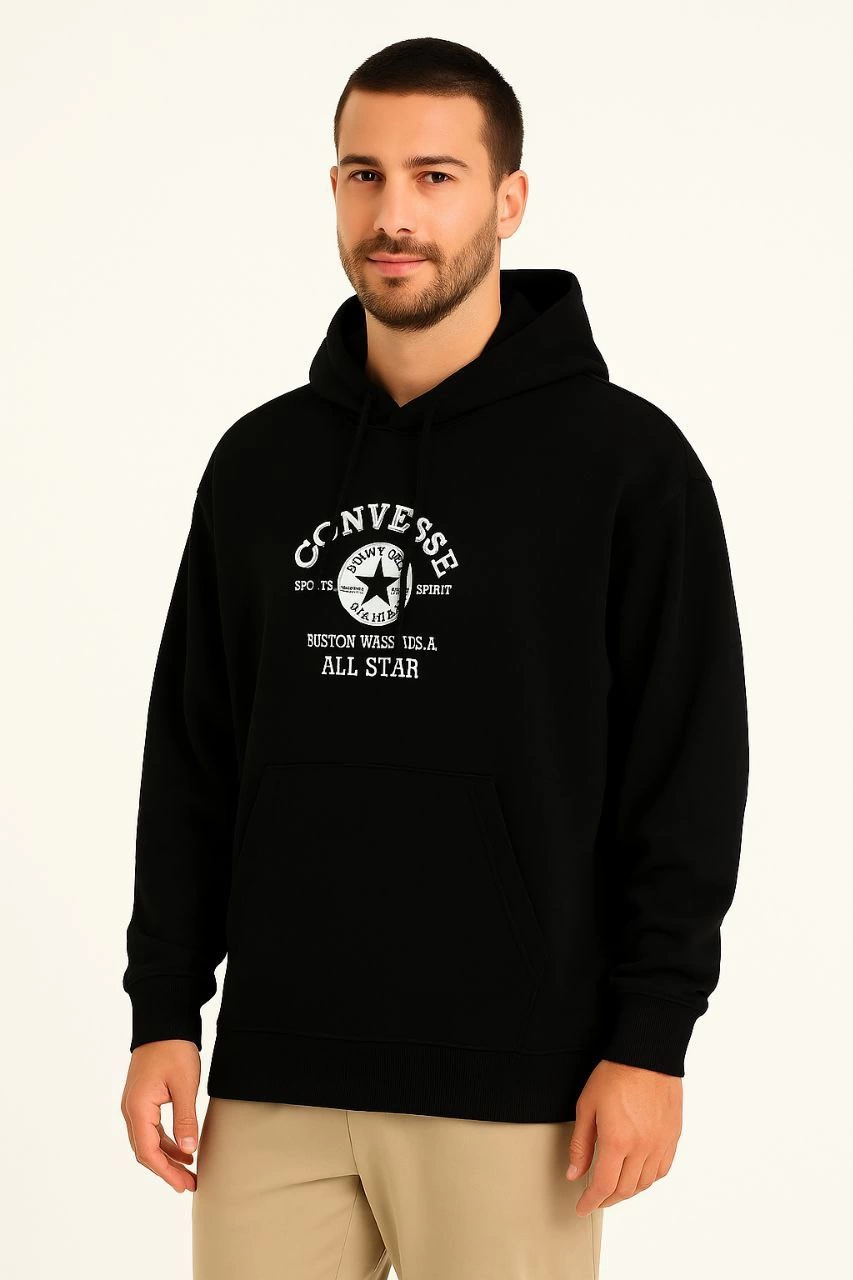 ASSEMA Erkek Kapşonlu Sweatshirt - Üç İplik Şardonlu Kumaş, Oversize Fit, Ön & Arka Baskılı, Kanguru Cepli, Kışlık Rahat Hoodie- Siyah