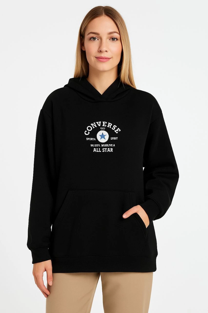 ASSEMA Kadın Kapşonlu Sweatshirt - Üç İplik Şardonlu Kumaş, Oversize Fit, Ön & Arka Baskılı, Kanguru Cepli, Kışlık Rahat Hoodie- Siyah
