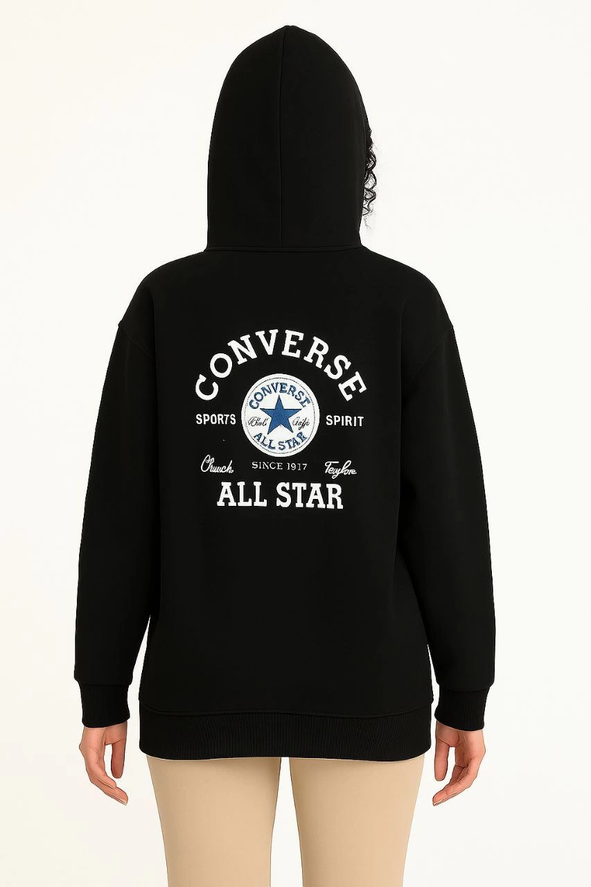 ASSEMA Kadın Kapşonlu Sweatshirt - Üç İplik Şardonlu Kumaş, Oversize Fit, Ön & Arka Baskılı, Kanguru Cepli, Kışlık Rahat Hoodie- Siyah