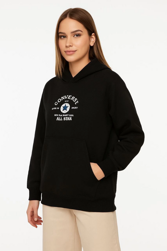 ASSEMA Kadın Kapşonlu Sweatshirt - Üç İplik Şardonlu Kumaş, Oversize Fit, Ön & Arka Baskılı, Kanguru Cepli, Kışlık Rahat Hoodie- Siyah