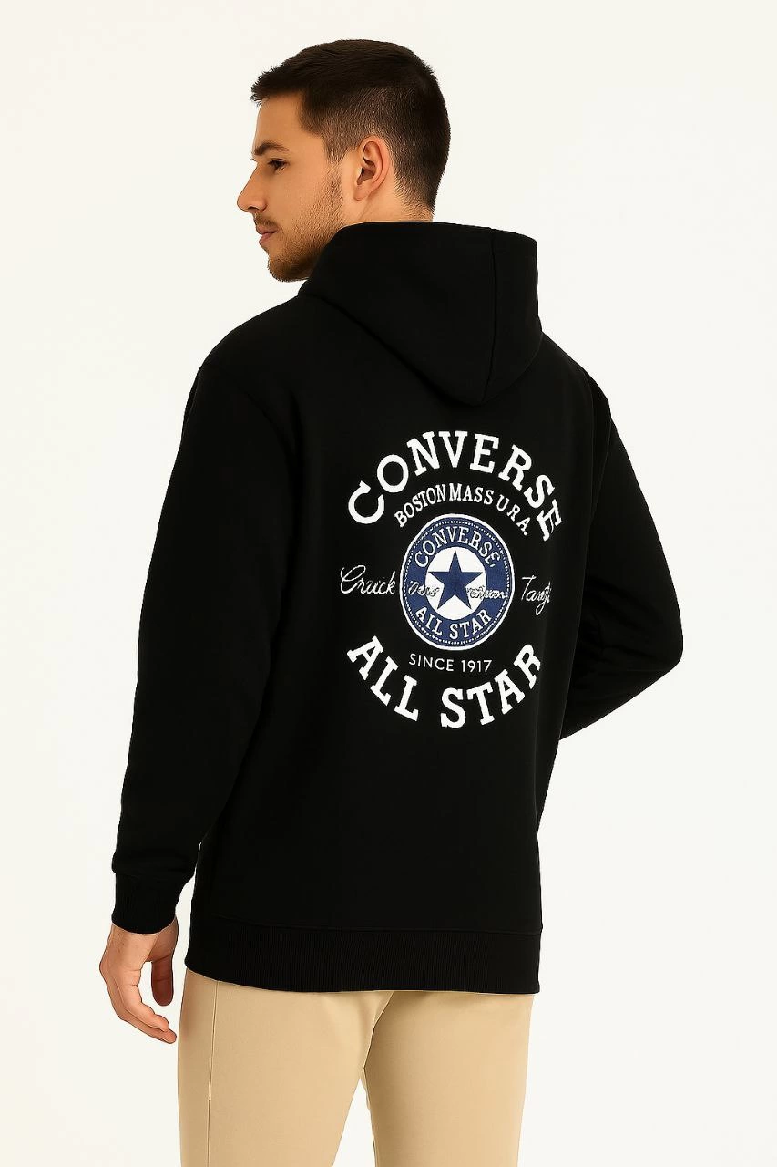 ASSEMA Erkek Kapşonlu Sweatshirt - Üç İplik Şardonlu Kumaş, Oversize Fit, Ön & Arka Baskılı, Kanguru Cepli, Kışlık Rahat Hoodie- Siyah