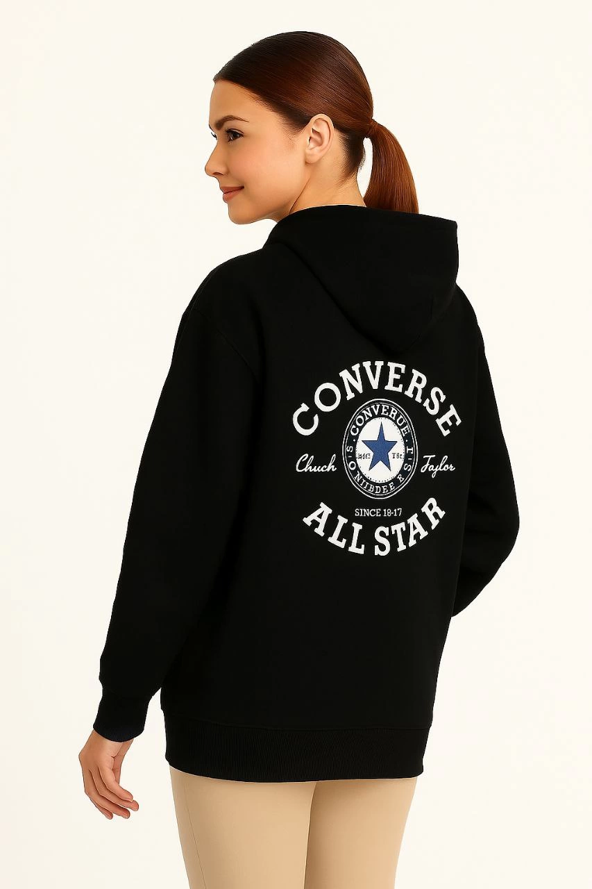 ASSEMA Kadın Kapşonlu Sweatshirt - Üç İplik Şardonlu Kumaş, Oversize Fit, Ön & Arka Baskılı, Kanguru Cepli, Kışlık Rahat Hoodie- Siyah