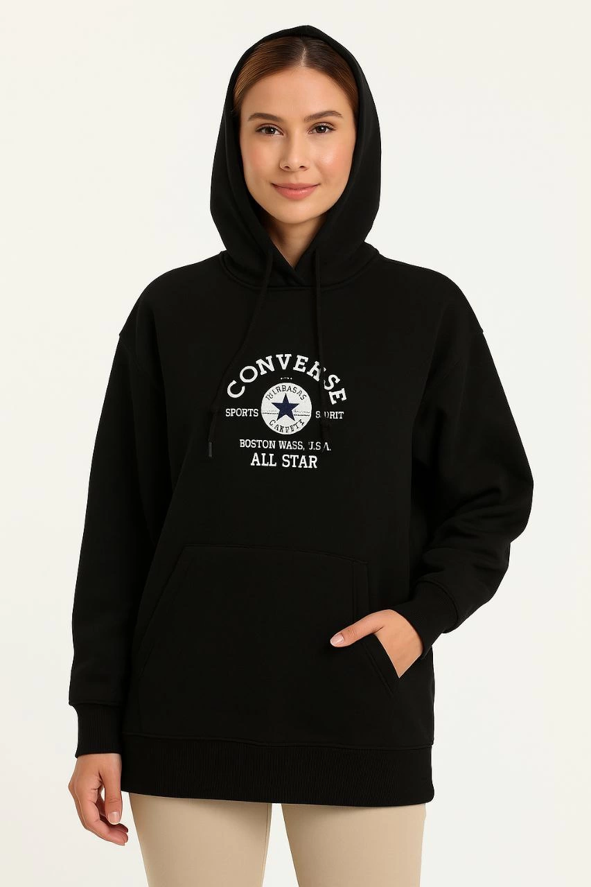 ASSEMA Kadın Kapşonlu Sweatshirt - Üç İplik Şardonlu Kumaş, Oversize Fit, Ön & Arka Baskılı, Kanguru Cepli, Kışlık Rahat Hoodie- Siyah