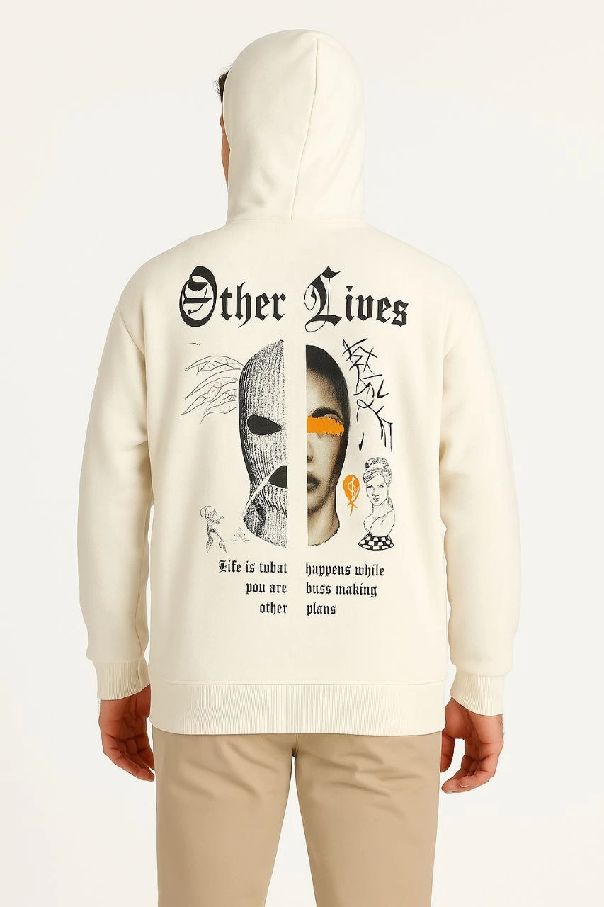 ASSEMA Erkek Kapşonlu Sweatshirt Oversize Üç İplik Şardonlu Other Lives Ön Arka Baskılı - Beyaz