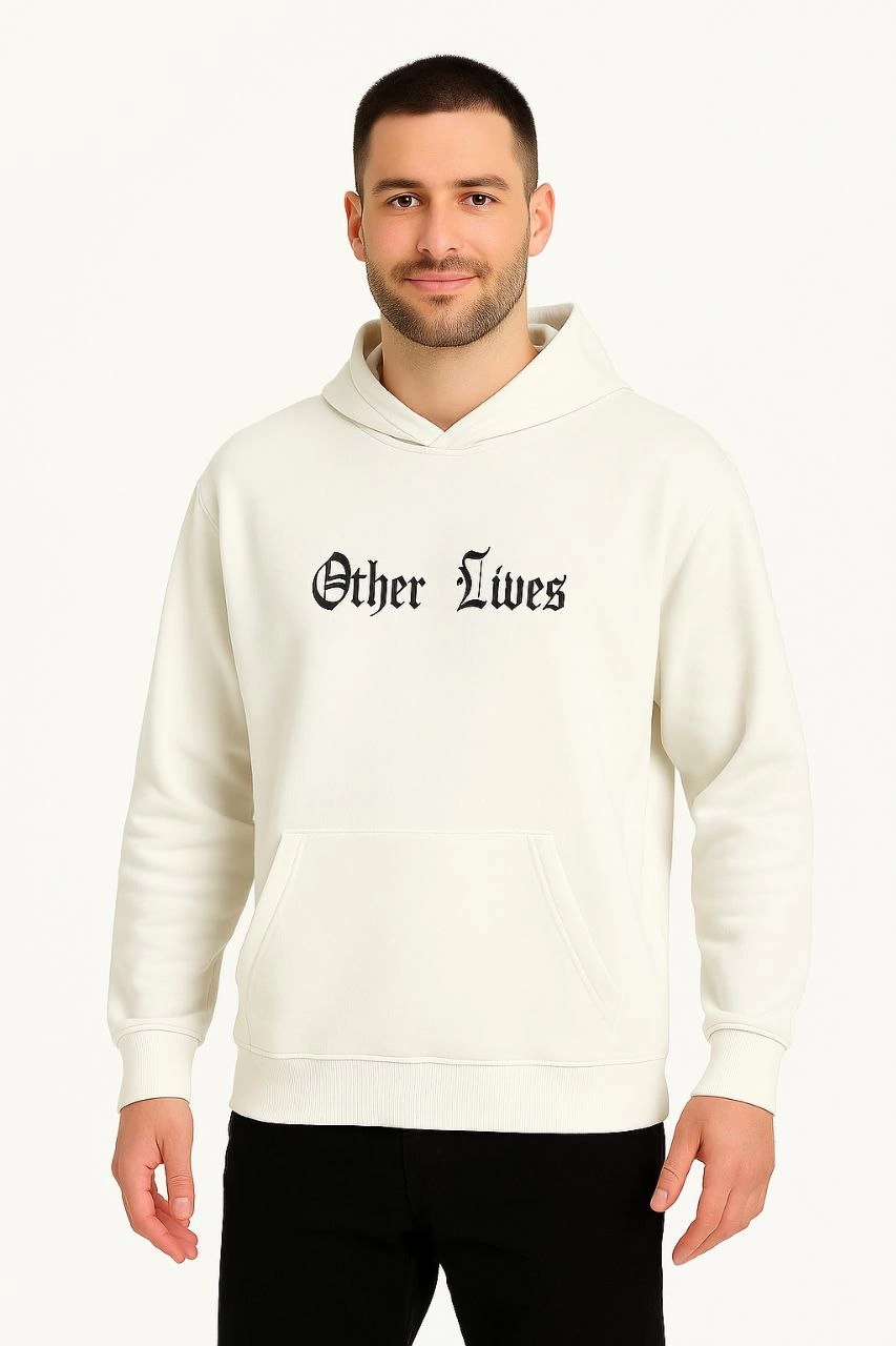 ASSEMA Erkek Kapşonlu Sweatshirt Oversize Üç İplik Şardonlu Other Lives Ön Arka Baskılı - Beyaz