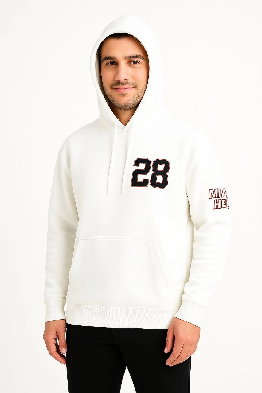 ASSEMA Erkek Kapşonlu Sweatshirt Üç İplik Şardonlu Oversize Fit Ön Arka Baskılı Kanguru - Beyaz