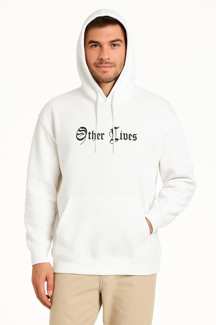 ASSEMA Erkek Kapşonlu Sweatshirt Oversize Üç İplik Şardonlu Other Lives Ön Arka Baskılı - Beyaz