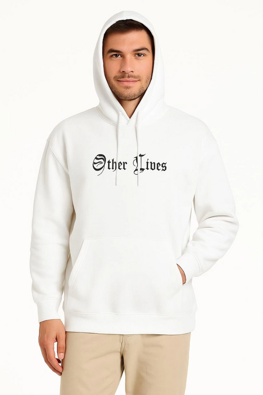 ASSEMA Erkek Kapşonlu Sweatshirt Oversize Üç İplik Şardonlu Other Lives Ön Arka Baskılı - Beyaz