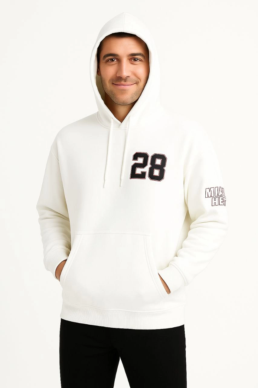 ASSEMA Erkek Kapşonlu Sweatshirt Üç İplik Şardonlu Oversize Fit Ön Arka Baskılı Kanguru - Beyaz