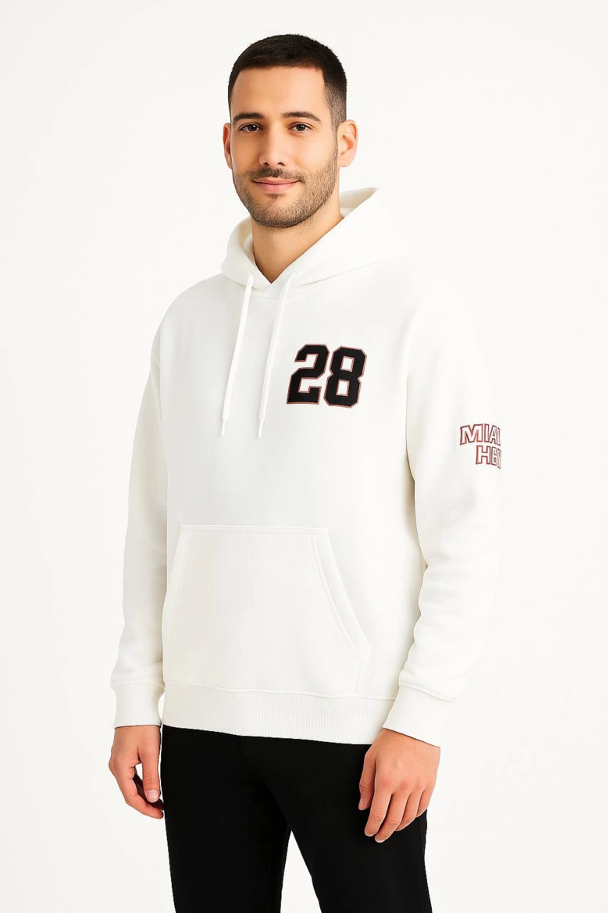 ASSEMA Erkek Kapşonlu Sweatshirt Üç İplik Şardonlu Oversize Fit Ön Arka Baskılı Kanguru - Beyaz