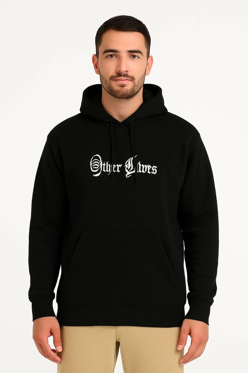 ASSEMA Erkek Kapşonlu Sweatshirt Oversize Üç İplik Şardonlu Other Lives Ön Arka Baskılı - Siyah