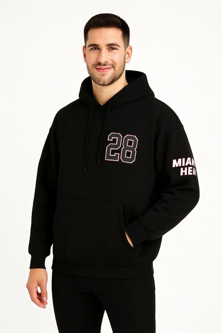ASSEMA Erkek Kapşonlu Sweatshirt Üç İplik Şardonlu Oversize Fit Ön Arka Baskılı Kanguru - Siyah