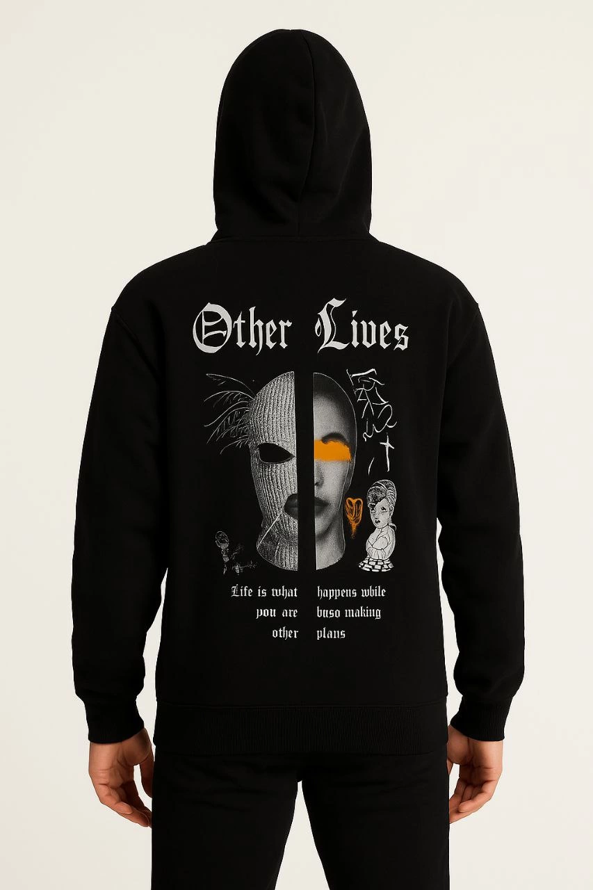 ASSEMA Erkek Kapşonlu Sweatshirt Oversize Üç İplik Şardonlu Other Lives Ön Arka Baskılı - Siyah