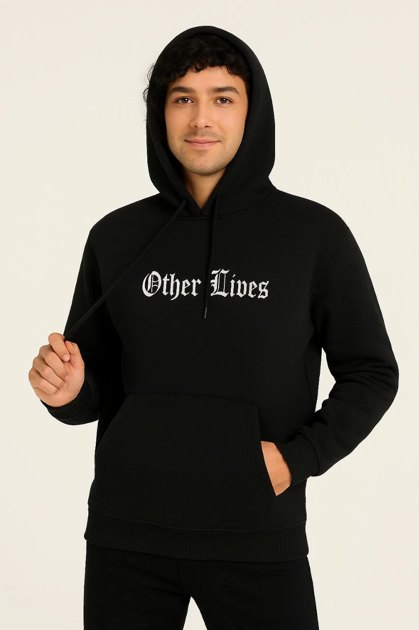 ASSEMA Erkek Kapşonlu Sweatshirt Oversize Üç İplik Şardonlu Other Lives Ön Arka Baskılı - Siyah