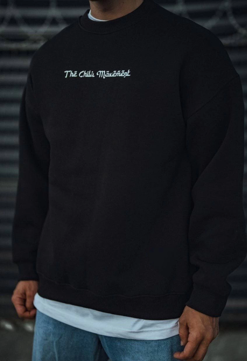 ASSEMA Üç İplik Penye Bisiklet Yaka Oversize Baskılı SweatShirt - Siyah