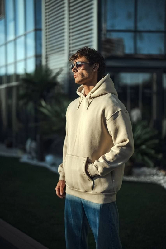 ASSEMA Erkek Üç İplik Penye Kapşonlu Basic SweatShirt - Bej