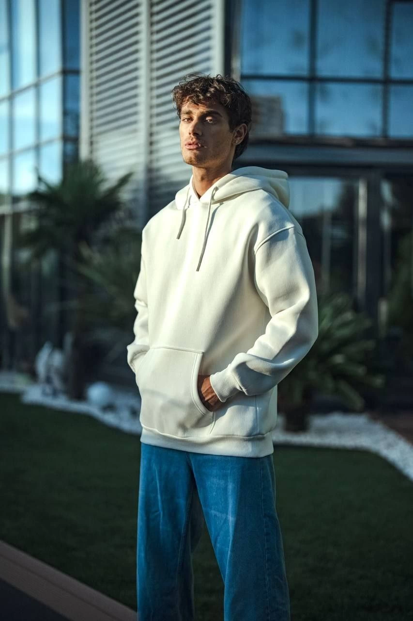 ASSEMA Erkek Üç İplik Penye Kapşonlu Basic SweatShirt - Beyaz