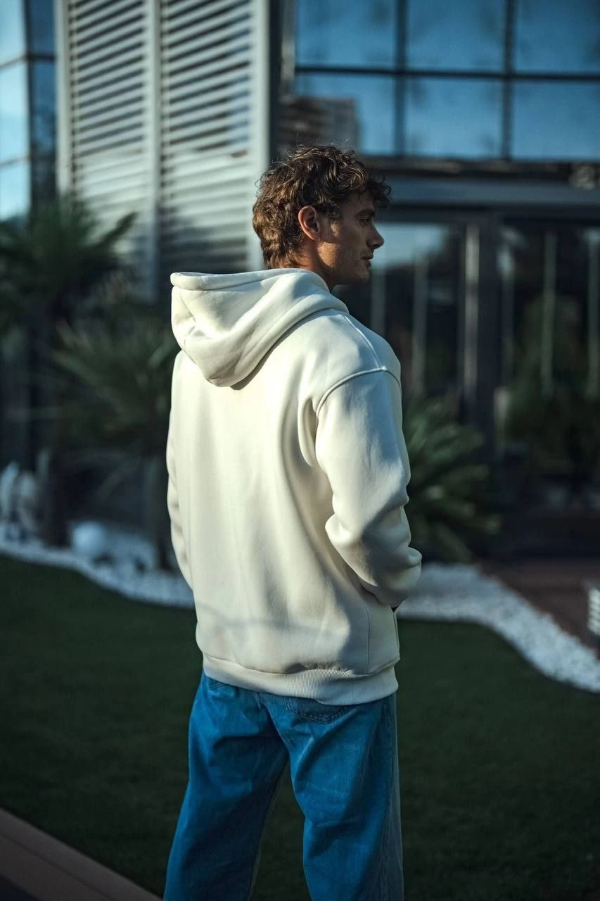 ASSEMA Erkek Üç İplik Penye Kapşonlu Basic SweatShirt - Beyaz