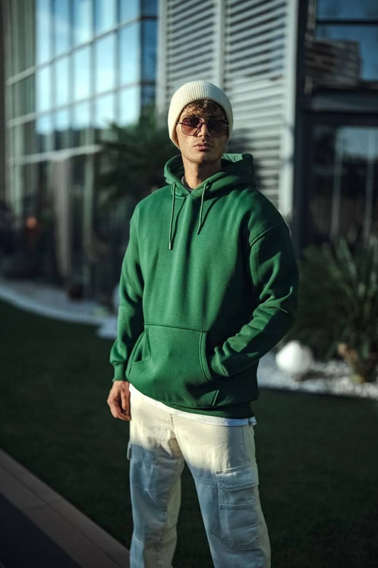 ASSEMA Erkek Üç İplik Penye Kapşonlu Basic SweatShirt - Haki