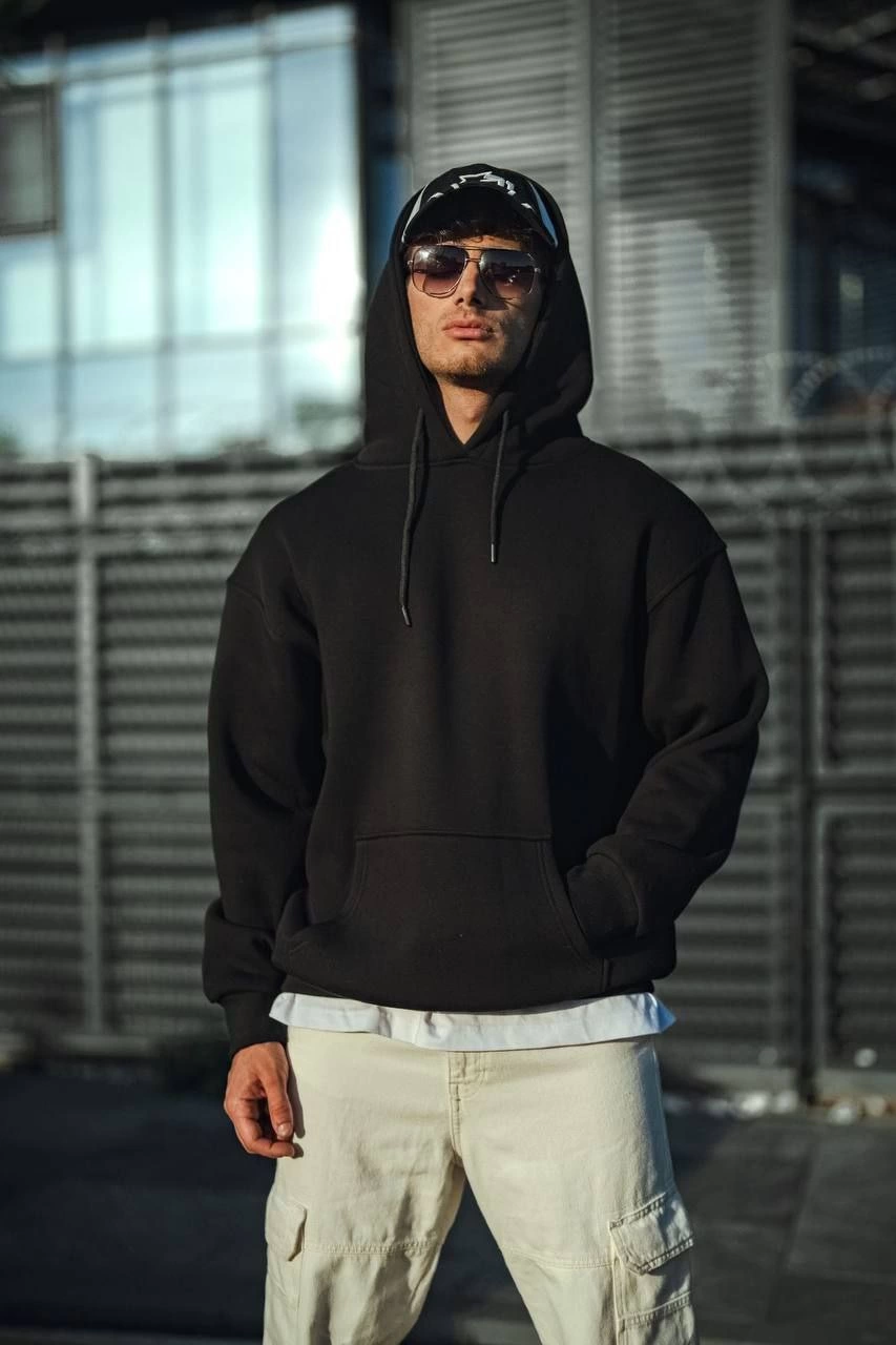 ASSEMA Erkek Üç İplik Penye Kapşonlu Basic SweatShirt - Siyah