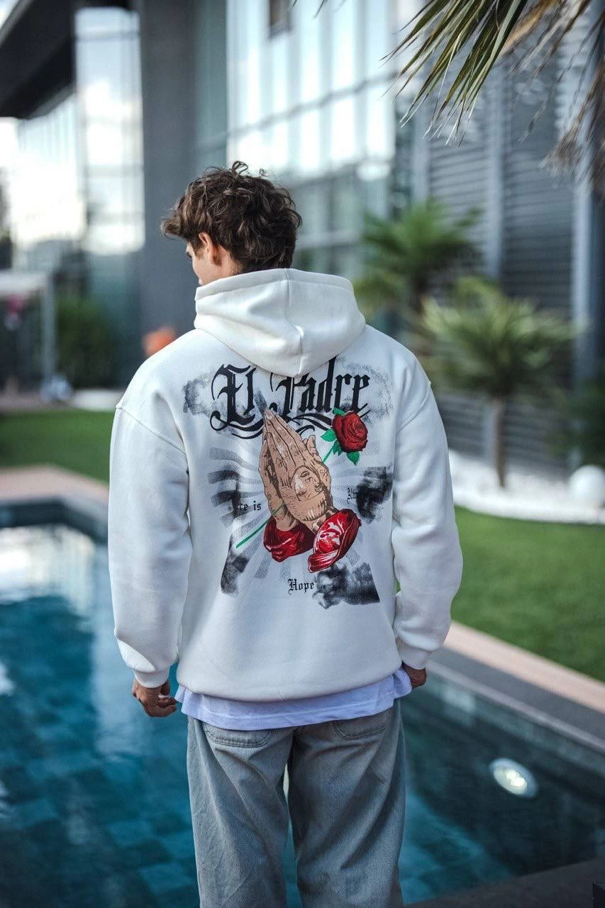 ASSEMA Erkek Üç İplik Penye Kapşonlu Baskılı SweatShirt - Beyaz