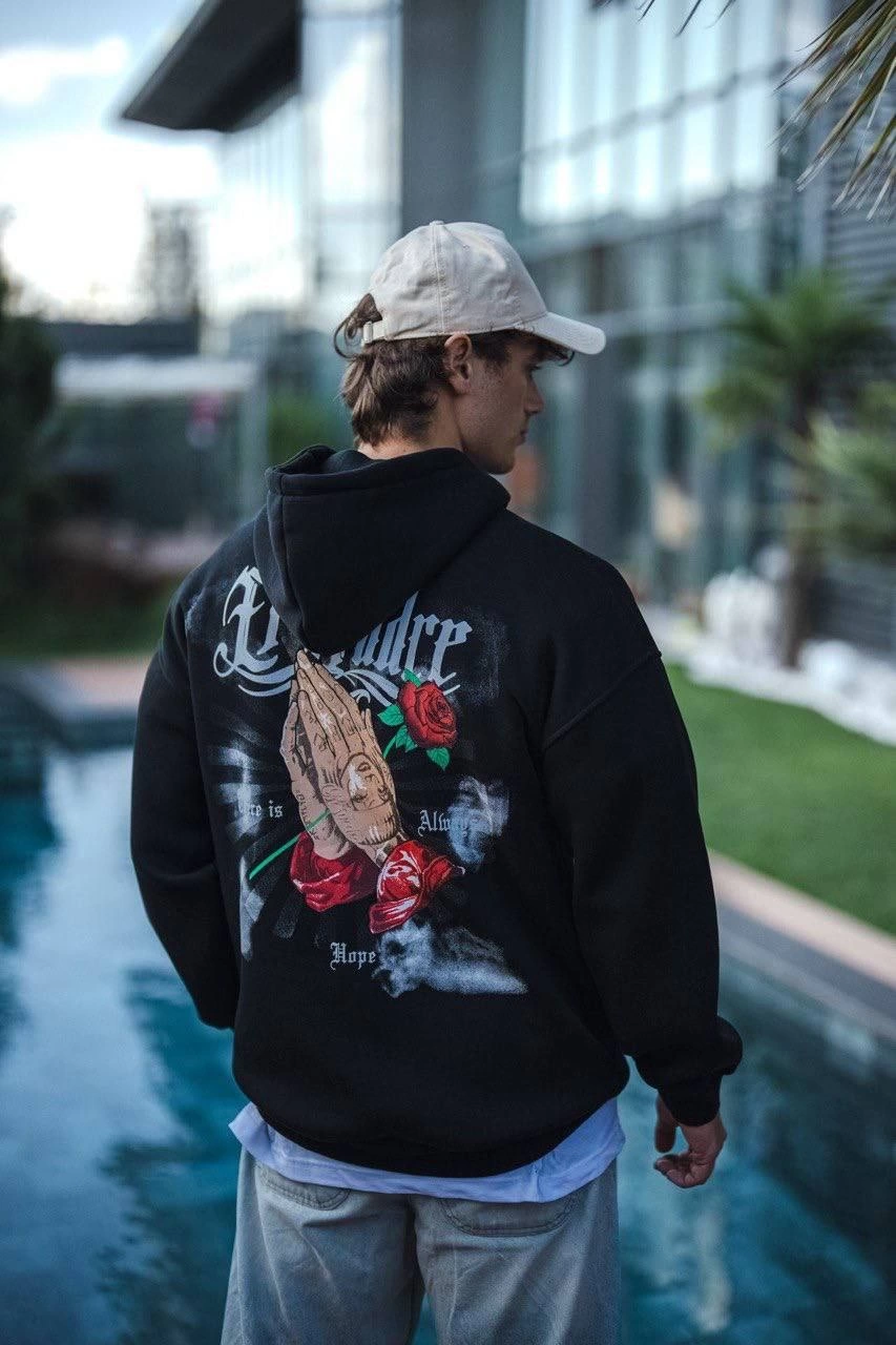 ASSEMA Erkek Üç İplik Penye Kapşonlu Baskılı SweatShirt - Siyah