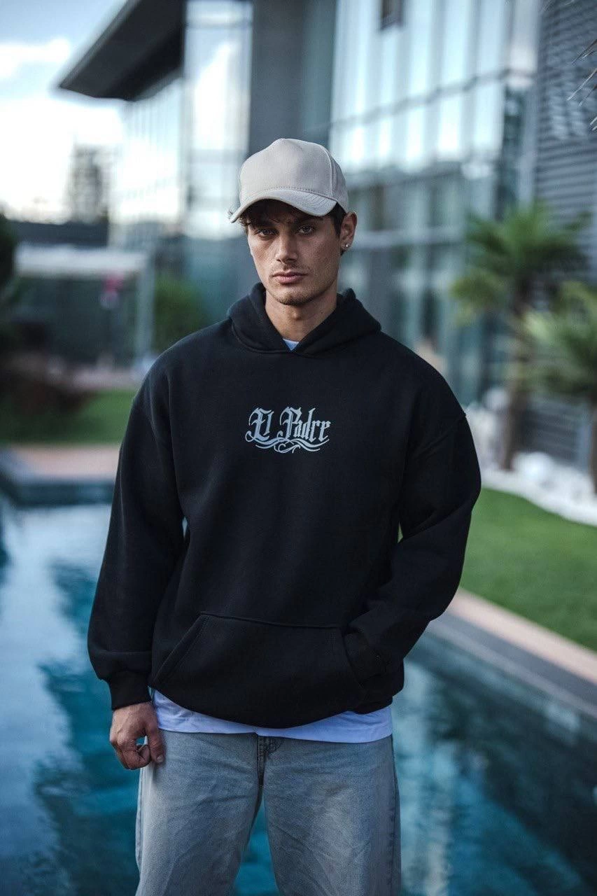 ASSEMA Erkek Üç İplik Penye Kapşonlu Baskılı SweatShirt - Siyah