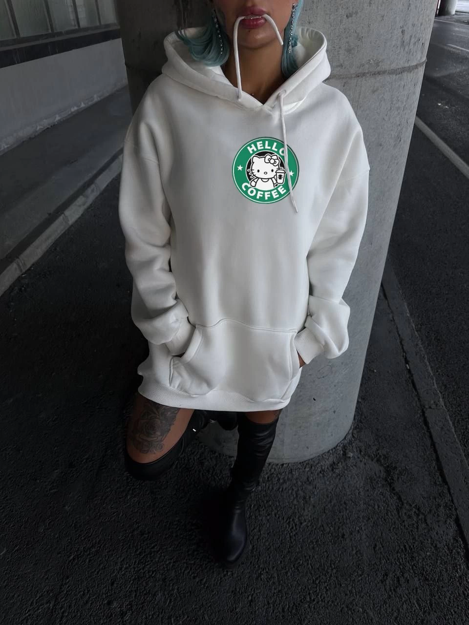 ASSEMA Kadın Üç İplik Pamuklu Kapüşonlu SweatShirt - Beyaz