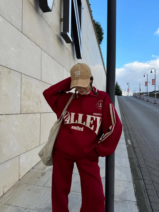 ASSEMA Kadın Üç İplik Pamuklu Yakalı Sweat Baggy Pantalonlu Takım - Bordo