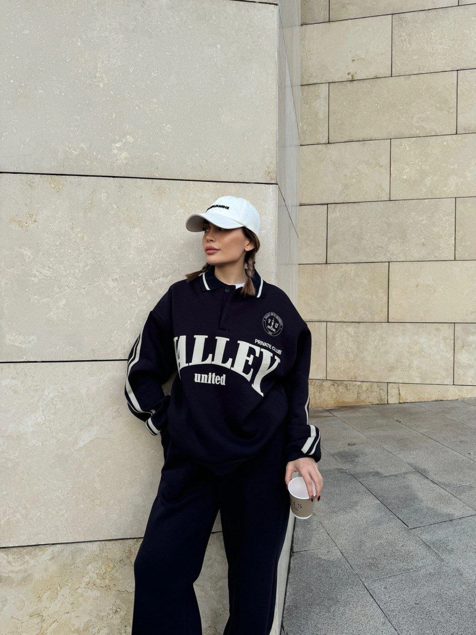 ASSEMA Kadın Üç İplik Pamuklu Yakalı Sweat Baggy Pantalonlu Alt-Üst Takım - Siyah