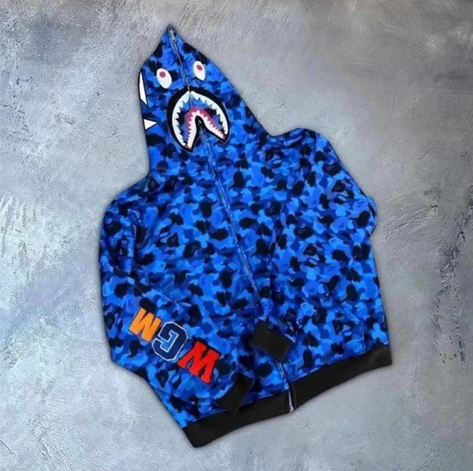 ASSEMA Unisex 2 İplik Bape Kapüşonu Fermuarlı Hırka - Mavi