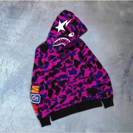 ASSEMA Unisex 2 İplik Bape Kapüşonu Fermuarlı Hırka - Mor