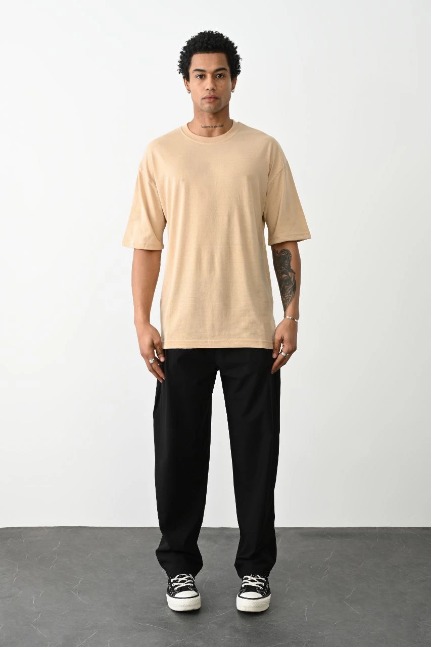 ASSEMA Erkek Düz Basic Bisiklet Yaka Kısa kol T-Shirt - Bej