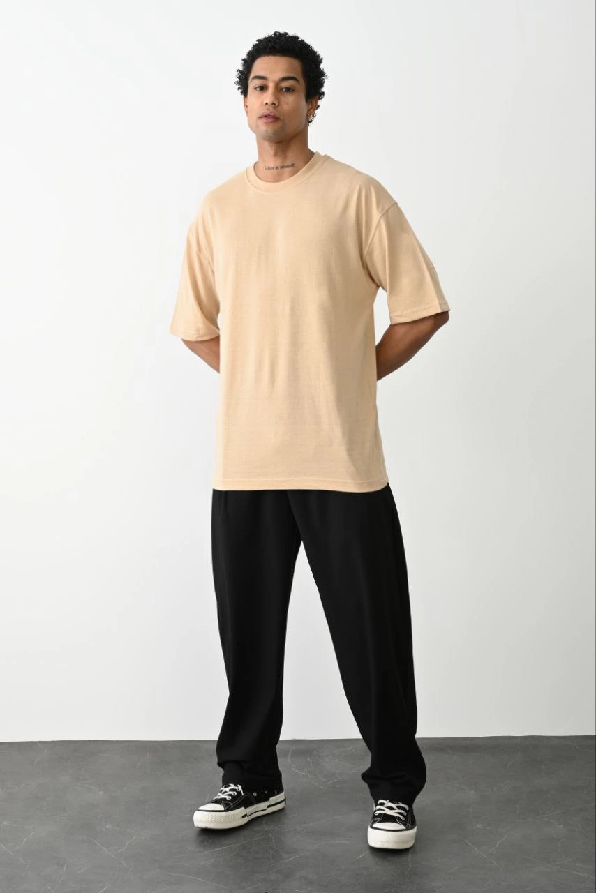 ASSEMA Erkek Düz Basic Bisiklet Yaka Kısa kol T-Shirt - Bej