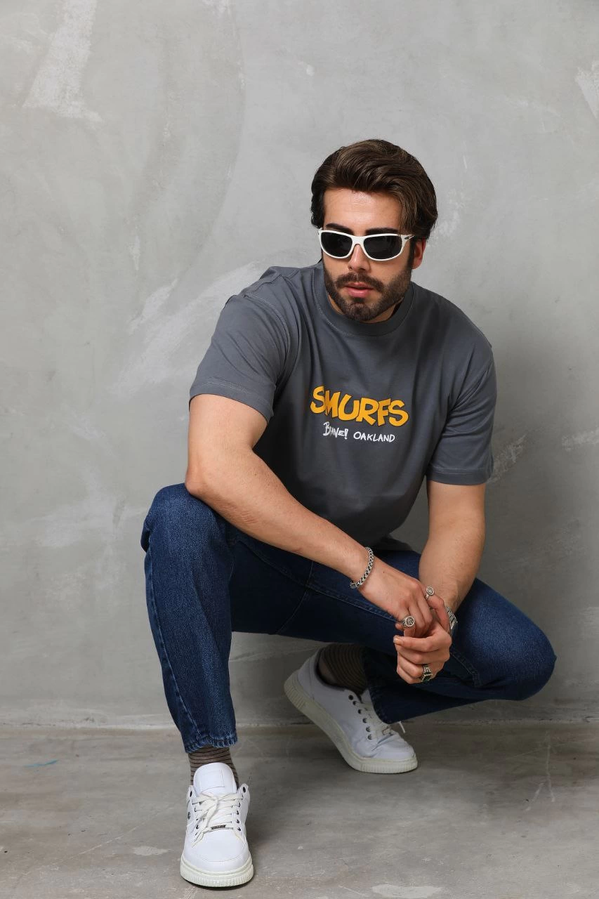 ASSEMA Erkek  Basic Bisiklet Yaka  T-Shirt - Füme