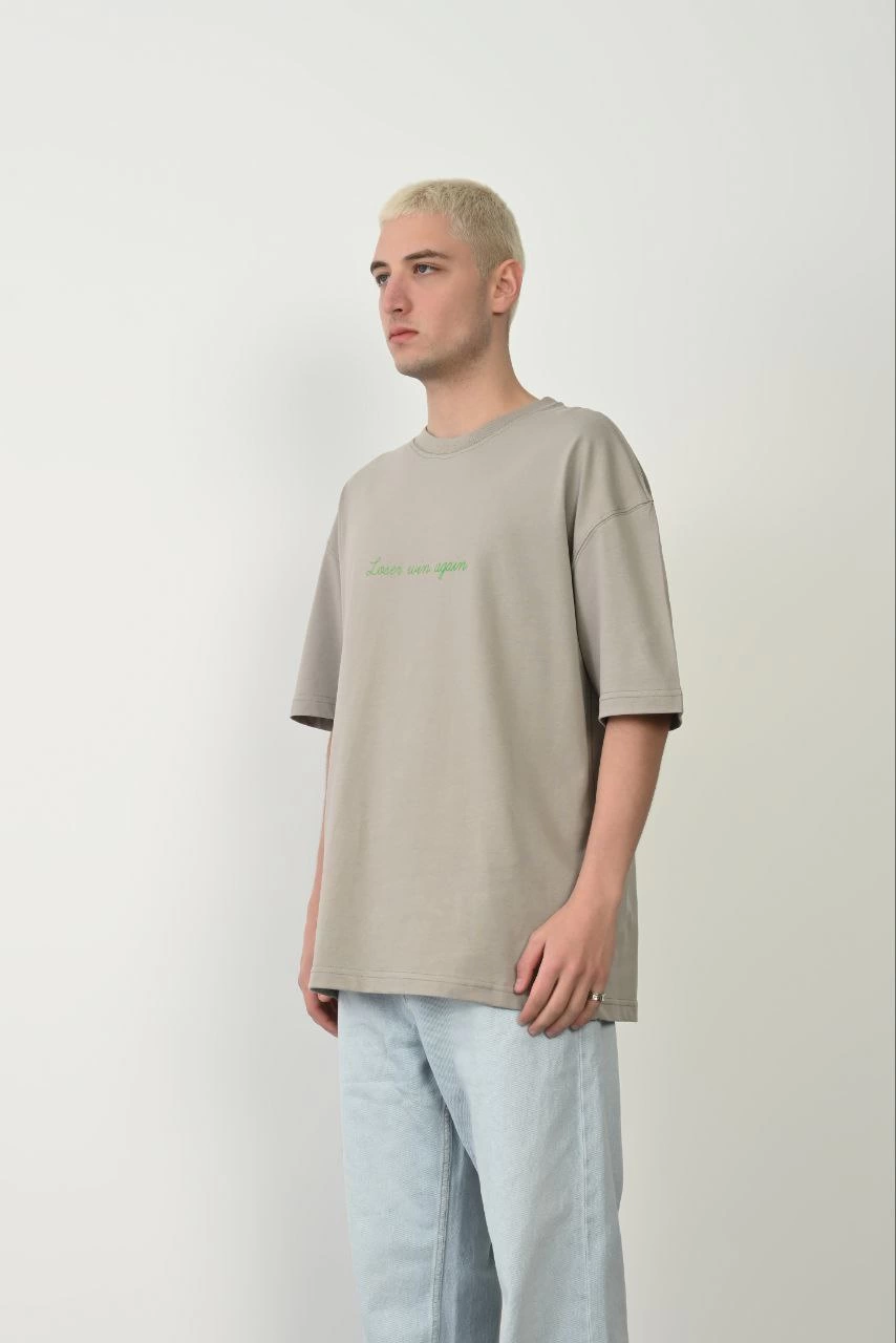 ASSEMA Erkek Baskılı T-Shirt Kısa Kol Bisiklet Yaka Rahat Kalıp Tişört  - Boyalı Gri