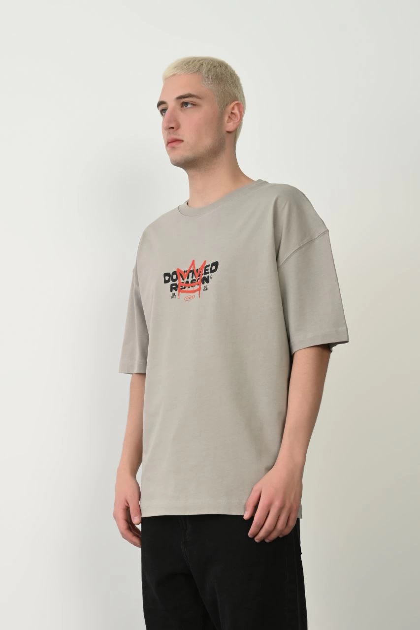 ASSEMA Erkek Baskılı T-Shirt Kısa Kol Bisiklet Yaka Rahat Kalıp Tişört  - Boyalı Gri