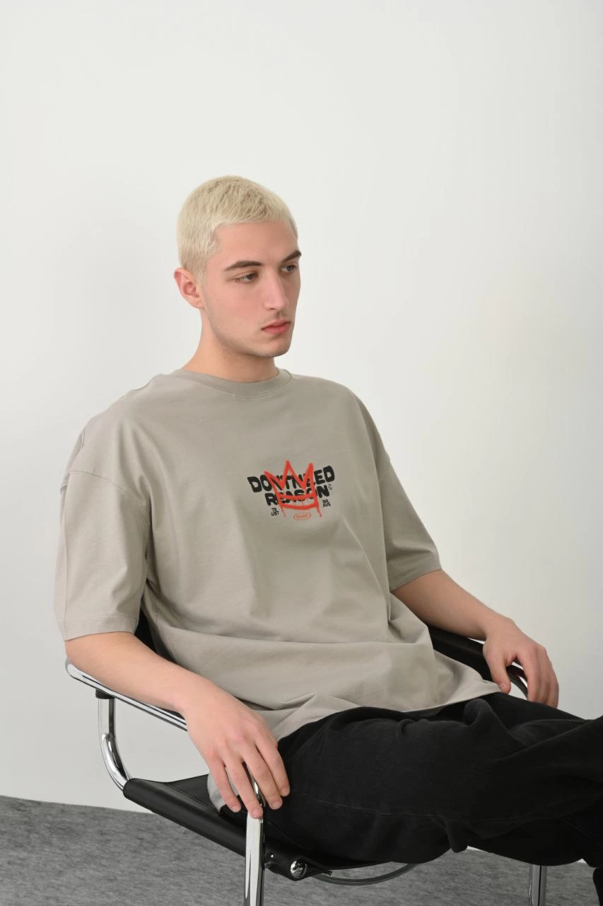 ASSEMA Erkek Baskılı T-Shirt Kısa Kol Bisiklet Yaka Rahat Kalıp Tişört  - Boyalı Gri